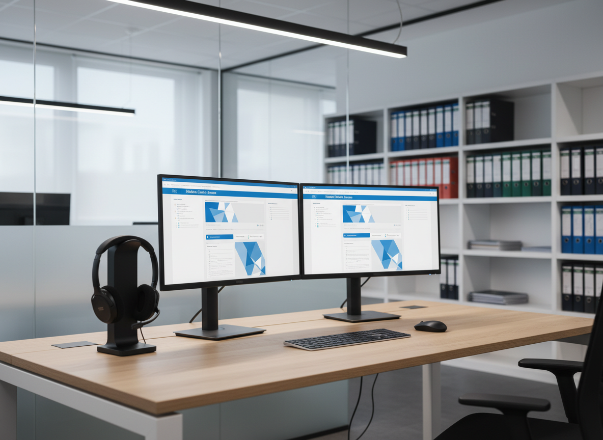 A sleek, modern customer service workstation without any people, featuring a slim dual-monitor setup displaying clean blue and white support dashboards labeled “Medien Center Bremen”. A high-quality headset with a cushioned headband rests neatly on a matte black stand beside a minimalist keyboard on a light oak desk. In the background, frosted glass partitions and organized shelves with neatly labeled files suggest a professional call center. Soft, diffused daylight from large unseen windows blends with subtle overhead LED lighting, creating gentle reflections on the screens. Photographic realism, shot at eye level with a shallow depth of field, keeps the foreground in crisp focus while the background gently blurs, conveying calm efficiency and reliable customer support.