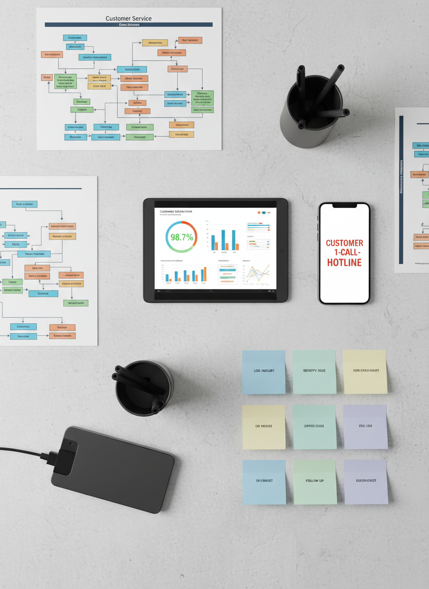 A detailed overhead view of a meticulously organized customer service control room desk, without any people, featuring color-coded call routing diagrams on printed sheets, a tablet showing live customer satisfaction metrics, and a smartphone with a hotline number highlighted on the screen. Sticky notes in muted pastel colors are arranged in a clear, structured grid, each labeled with concise process steps. The desk surface is a smooth, light concrete texture, contrasted by dark graphite accessories like a pen holder and cable organizer. Soft, even studio lighting minimizes harsh shadows, emphasizing clarity and order. Photographic realism, shot from a true bird’s-eye perspective with crisp focus on every object, conveys strategic planning and analytical precision in professional service management.