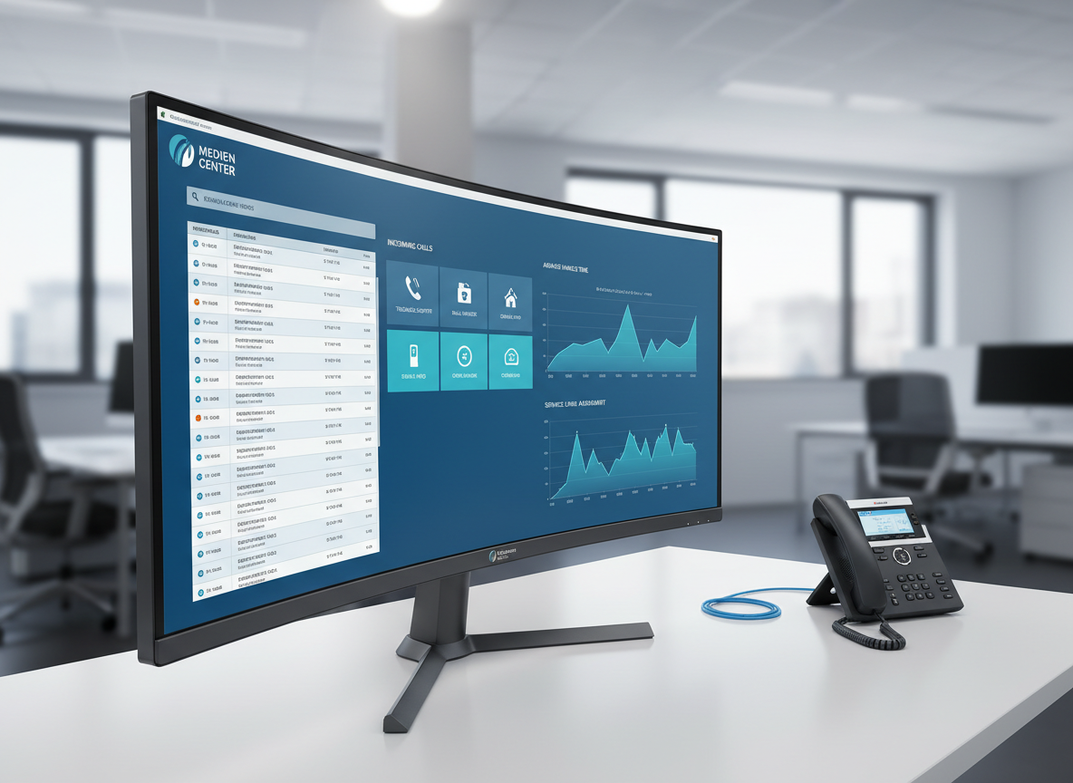 A close-up of a professional hotline interface on a large, ultra-wide monitor, showing clearly structured call queues, service categories, and response time graphs in cool blue and teal tones, all branded subtly with “Medien Center Bremen”. The monitor stands on a tidy white desk with a polished surface, beside a sleek IP desk phone and a neatly coiled Ethernet cable. Soft studio lighting highlights the subtle texture of the monitor frame and creates a gentle glow across the screen. The background is an intentionally blurred, modern office with neutral grey and white hues. Photographic realism, captured from a slightly angled side view, conveys precision, organization, and trust in a high-performance customer service environment.