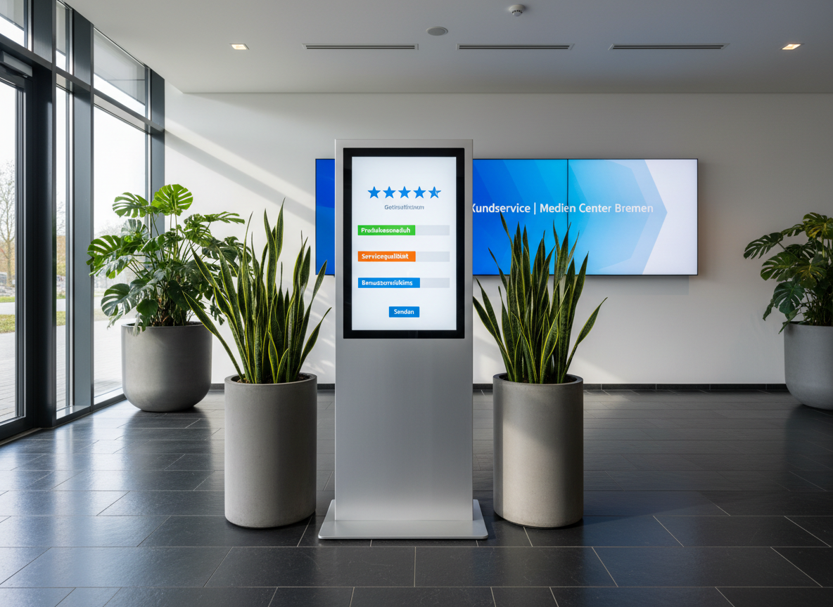 A professionally designed feedback and survey station in a corporate lobby, with a large vertical touchscreen kiosk displaying a simple, colorful satisfaction survey interface: icons of stars and sliders in blue, green, and orange, labeled with clear German text. The kiosk has a brushed aluminum frame and stands on a dark slate tile floor, surrounded by tall planters with deep green foliage and a wall-mounted information screen showing “Kundenservice | Medien Center Bremen”. Natural daylight from a nearby glass façade mixes with subtle recessed ceiling lights, casting soft reflections on the touchscreen. Photographic realism, captured from a slightly elevated angle with sharp focus throughout, creates a welcoming yet highly professional atmosphere.